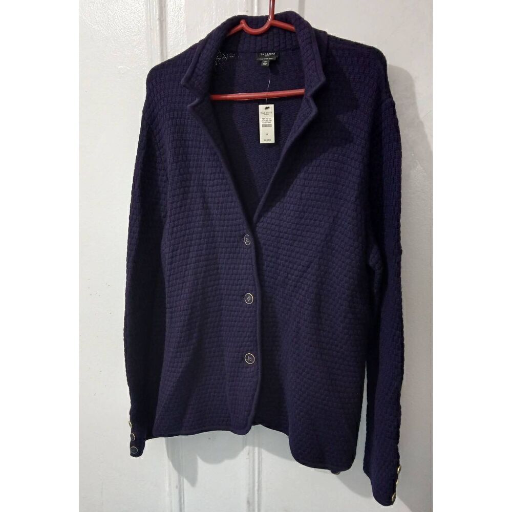 Talbots womens 1x waffle knit fine wool dark purple sweater jacket button front